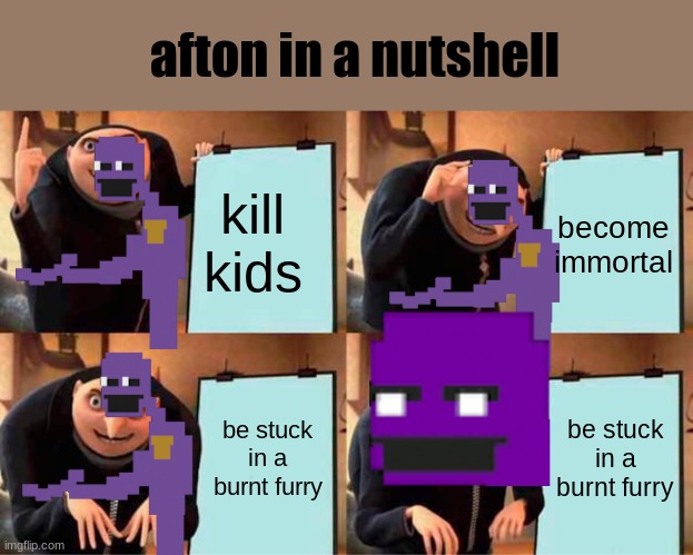 AFTON IN A NUTSHELL | afton in a nutshell; kill kids; become immortal; be stuck in a burnt furry; be stuck in a burnt furry | image tagged in memes,gru's plan | made w/ Imgflip meme maker