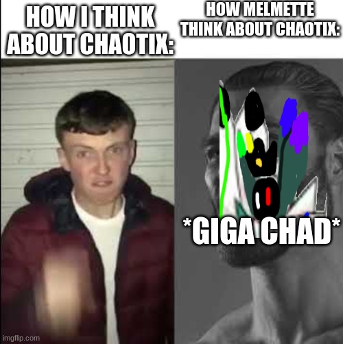 ... | HOW MELMETTE THINK ABOUT CHAOTIX:; HOW I THINK ABOUT CHAOTIX:; *GIGA CHAD* | image tagged in giga chad template | made w/ Imgflip meme maker