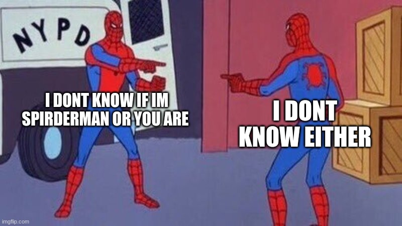 spiderman | I DONT KNOW IF IM SPIRDERMAN OR YOU ARE; I DONT KNOW EITHER | image tagged in spiderman pointing at spiderman | made w/ Imgflip meme maker