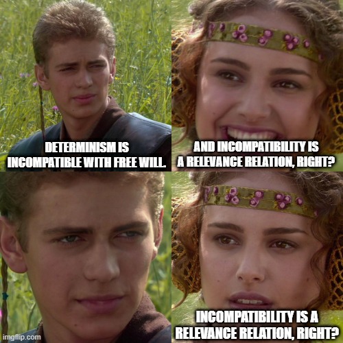 Incompatibilism | DETERMINISM IS INCOMPATIBLE WITH FREE WILL. AND INCOMPATIBILITY IS A RELEVANCE RELATION, RIGHT? INCOMPATIBILITY IS A RELEVANCE RELATION, RIGHT? | image tagged in anakin padme 4 panel | made w/ Imgflip meme maker