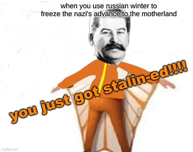 HA | when you use russian winter to freeze the nazi's advance to the motherland; you just got stalin-ed!!!! | image tagged in you just got vectored blank | made w/ Imgflip meme maker