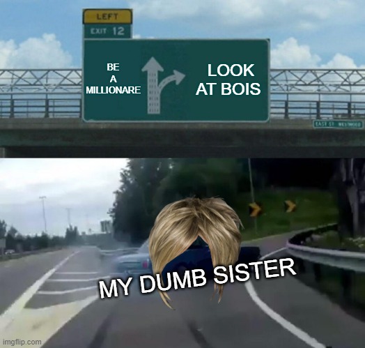 Left Exit 12 Off Ramp Meme | BE A MILLIONARE; LOOK AT BOIS; MY DUMB SISTER | image tagged in memes,left exit 12 off ramp | made w/ Imgflip meme maker