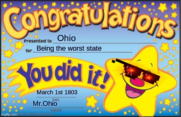 Ohio became the worst state of all time. | Ohio; Being the worst state; March 1st 1803; Mr.Ohio | image tagged in memes,happy star congratulations | made w/ Imgflip meme maker