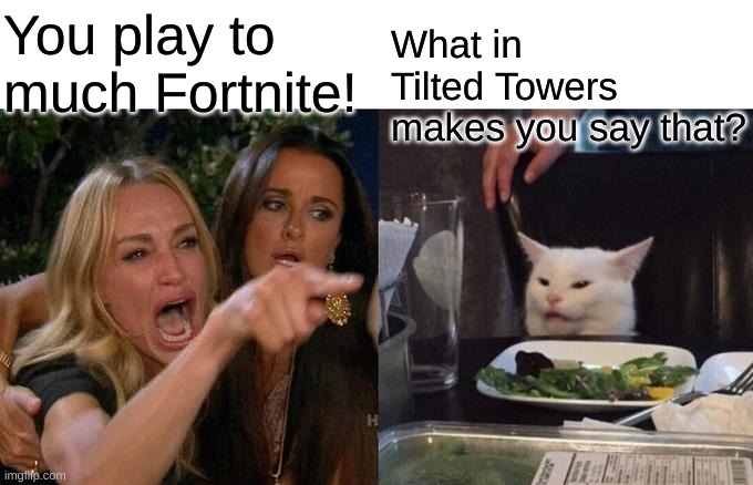 What in the Grim Gables? | You play to much Fortnite! What in Tilted Towers makes you say that? | image tagged in memes,woman yelling at cat | made w/ Imgflip meme maker
