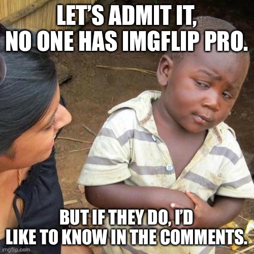 Right? | LET’S ADMIT IT, NO ONE HAS IMGFLIP PRO. BUT IF THEY DO, I’D LIKE TO KNOW IN THE COMMENTS. | image tagged in memes,third world skeptical kid | made w/ Imgflip meme maker
