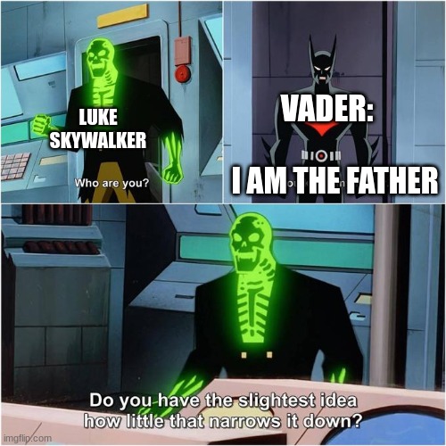 Another Star wars meme not sorry | LUKE SKYWALKER; VADER:; I AM THE FATHER | image tagged in do you have the slightest idea how little that narrows it down,star wars,star wars i am your father | made w/ Imgflip meme maker