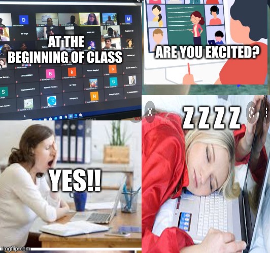 Online class | AT THE BEGINNING OF CLASS; ARE YOU EXCITED? Z Z Z Z; YES!! | image tagged in memes | made w/ Imgflip meme maker