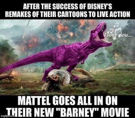 Coming soon to theaters....... | image tagged in barney the dinosaur,funny,jurassic park t rex | made w/ Imgflip meme maker