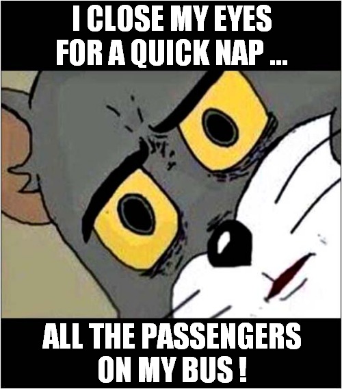 Bus Passengers Panic ! | I CLOSE MY EYES
FOR A QUICK NAP ... ALL THE PASSENGERS
ON MY BUS ! | image tagged in unsettled tom,bus driver,sleeping,dark humour | made w/ Imgflip meme maker