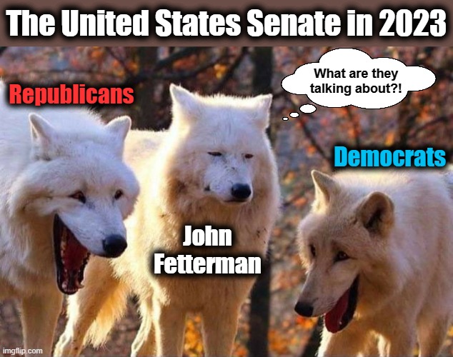 Thanks a lot, Pennsylvania | The United States Senate in 2023; What are they talking about?! Republicans; Democrats; John
Fetterman | image tagged in laughing wolf,memes,john fetterrman,senate,democrats,republicans | made w/ Imgflip meme maker