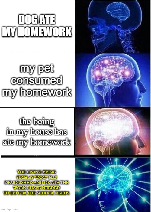 SOB | DOG ATE MY HOMEWORK; my pet consumed my homework; the being in my house has ate my homework; THE LIVING BEING SUCH AS "DOG" HAS DEMOLISHED AND OR ATE THE WORK I HAVE NEEDED TO DO FOR THE SCHOOL NEEDS. | image tagged in memes,expanding brain | made w/ Imgflip meme maker