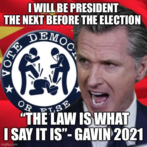 Gavin is president | I WILL BE PRESIDENT THE NEXT BEFORE THE ELECTION; “THE LAW IS WHAT I SAY IT IS”- GAVIN 2021 | image tagged in vote d or else,memes | made w/ Imgflip meme maker