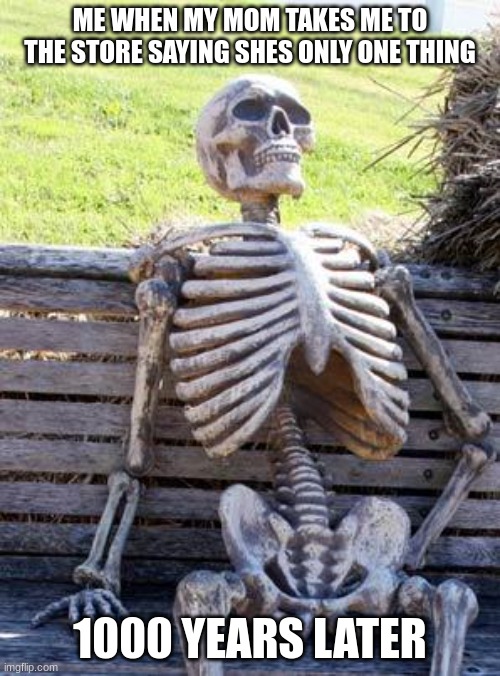 Bye mom | ME WHEN MY MOM TAKES ME TO THE STORE SAYING SHES ONLY ONE THING; 1000 YEARS LATER | image tagged in memes,waiting skeleton | made w/ Imgflip meme maker