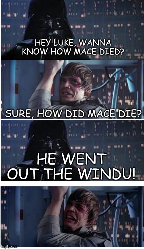 vader and his dad jokes | HEY LUKE, WANNA KNOW HOW MACE DIED? SURE, HOW DID MACE DIE? HE WENT OUT THE WINDU! | image tagged in dad joke vader,dad jokes,vader,star wars | made w/ Imgflip meme maker