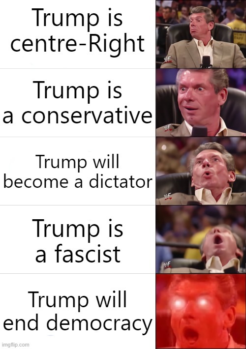 The left keep saying this and I'm like: "OMG Yesss :D" | Trump is centre-Right; Trump is a conservative; Trump will become a dictator; Trump is a fascist; Trump will end democracy | image tagged in vince mcmahon 5 tier,donald trump | made w/ Imgflip meme maker