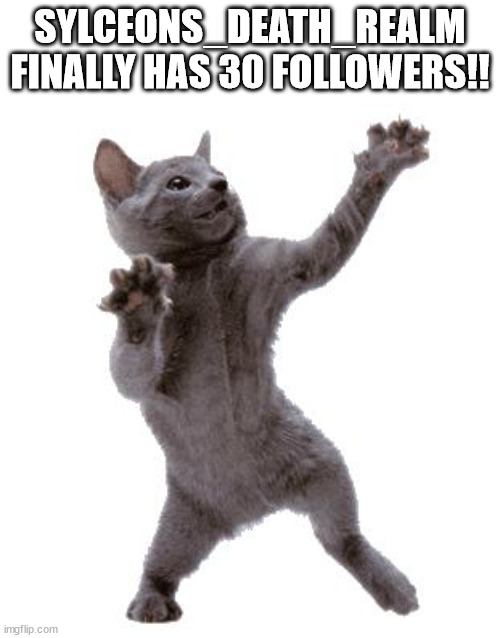 Happy Dance Cat | SYLCEONS_DEATH_REALM FINALLY HAS 30 FOLLOWERS!! | image tagged in happy dance cat | made w/ Imgflip meme maker