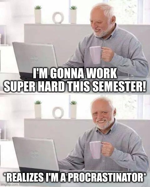 please tell me I'm not the only one | I'M GONNA WORK SUPER HARD THIS SEMESTER! *REALIZES I'M A PROCRASTINATOR* | image tagged in memes,hide the pain harold | made w/ Imgflip meme maker