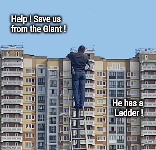 I have questions | Help ! Save us
   from the Giant ! He has a    
Ladder ! | image tagged in wtf,excuse me what the heck,what the hell happened here,tall giant,well yes but actually no,short midget | made w/ Imgflip meme maker