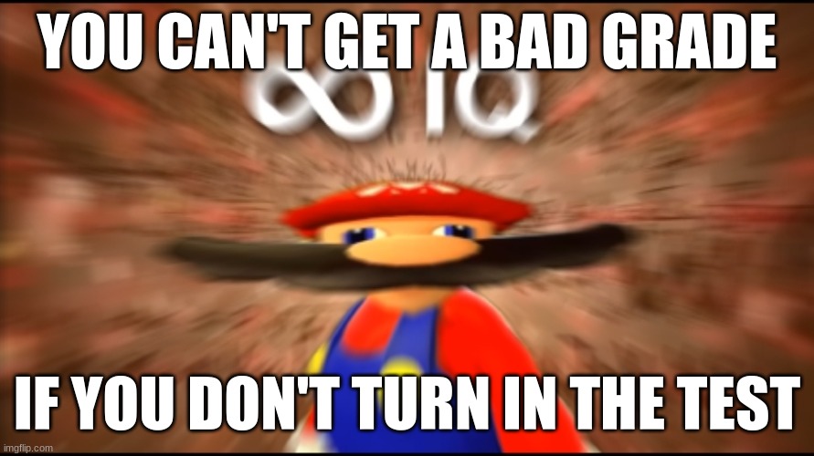 Infinity IQ Mario | YOU CAN'T GET A BAD GRADE; IF YOU DON'T TURN IN THE TEST | image tagged in infinity iq mario | made w/ Imgflip meme maker