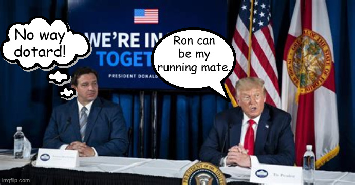2024 running mate? | No way dotard! Ron can be my running mate. | image tagged in desantis,trump,maga,dotard,sanctimoius | made w/ Imgflip meme maker