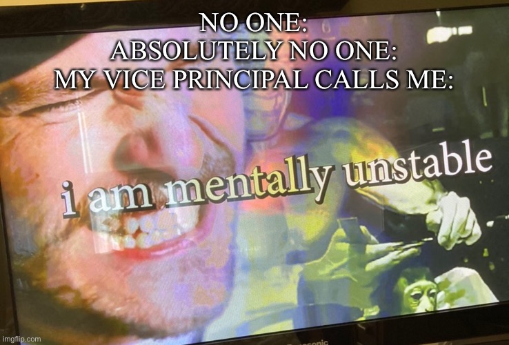 This happened | NO ONE:
ABSOLUTELY NO ONE:
MY VICE PRINCIPAL CALLS ME: | image tagged in mentally unstable | made w/ Imgflip meme maker