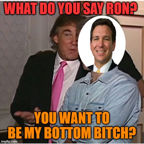 Trump Epstein | WHAT DO YOU SAY RON? YOU WANT TO BE MY BOTTOM BITCH? | image tagged in trump epstein | made w/ Imgflip meme maker