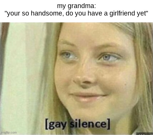 gay silence | my grandma:
"your so handsome, do you have a girlfriend yet" | image tagged in gay jokes,closeted gay,gays | made w/ Imgflip meme maker