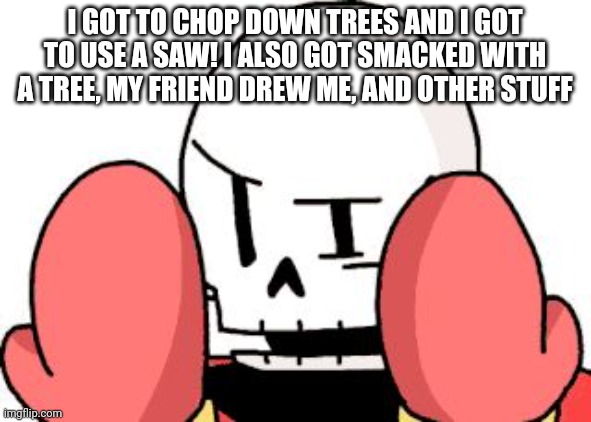 Y U NO (Papyrus) | I GOT TO CHOP DOWN TREES AND I GOT TO USE A SAW! I ALSO GOT SMACKED WITH A TREE, MY FRIEND DREW ME, AND OTHER STUFF | image tagged in y u no papyrus | made w/ Imgflip meme maker