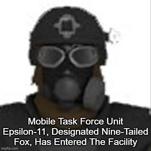 Epsilon-11 staring but its the one from SCP: Containment Breach | Mobile Task Force Unit Epsilon-11, Designated Nine-Tailed Fox, Has Entered The Facility | image tagged in epsilon-11 staring but its the one from scp containment breach | made w/ Imgflip meme maker