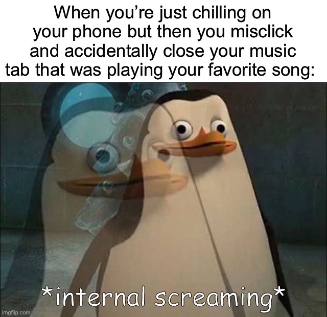 This is pain | When you’re just chilling on your phone but then you misclick and accidentally close your music tab that was playing your favorite song: | image tagged in private internal screaming,memes,funny,painful,relatable memes,true story | made w/ Imgflip meme maker