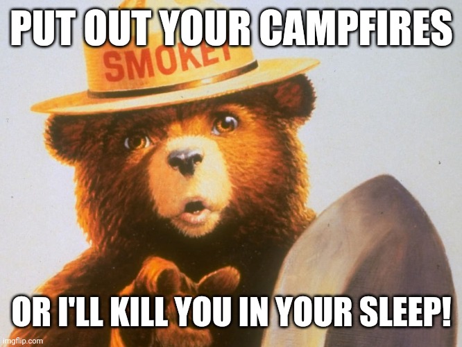 Smokey the forest fire avenger |  PUT OUT YOUR CAMPFIRES; OR I'LL KILL YOU IN YOUR SLEEP! | image tagged in smokey the bear | made w/ Imgflip meme maker