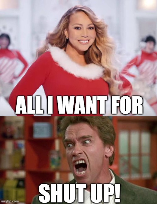 Just incase her song bothers you, i got this... | ALL I WANT FOR; SHUT UP! | image tagged in mariah carey all i want for christmas is you,arnie shut up,annoying | made w/ Imgflip meme maker
