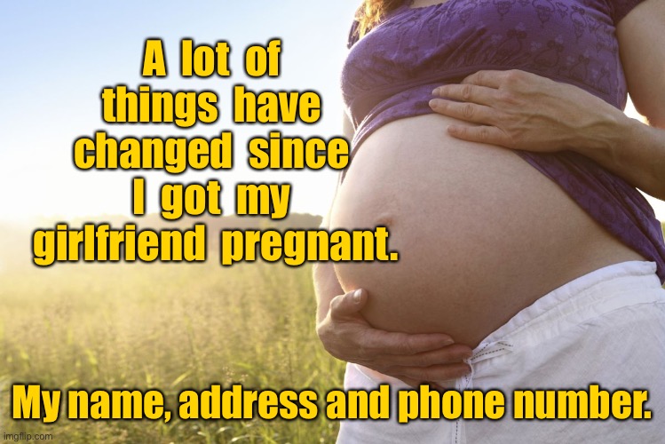 It is all change | A  lot  of  things  have  changed  since  I  got  my  girlfriend  pregnant. My name, address and phone number. | image tagged in pregnant woman,things changed,girlfriend pregnant,dark humour | made w/ Imgflip meme maker