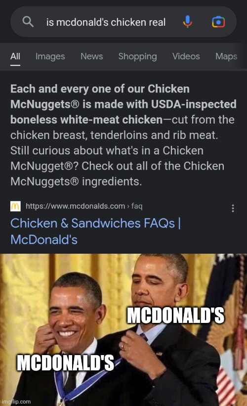 Ah hell nah I know that's not real chicken | MCDONALD'S; MCDONALD'S | image tagged in obama medal | made w/ Imgflip meme maker