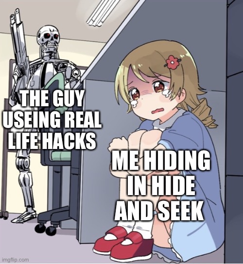 Anime Girl Hiding from Terminator | THE GUY USEING REAL LIFE HACKS; ME HIDING IN HIDE AND SEEK | image tagged in anime girl hiding from terminator | made w/ Imgflip meme maker