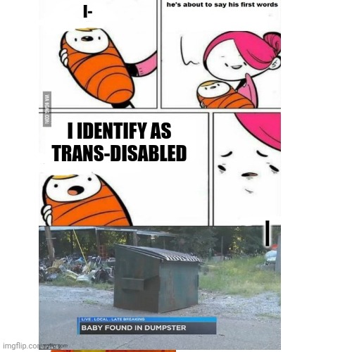 Lol | I-; I IDENTIFY AS TRANS-DISABLED | image tagged in first words | made w/ Imgflip meme maker