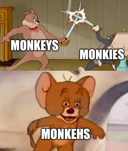 Meme #190 | MONKEYS; MONKIES; MONKEHS | image tagged in tom and jerry swordfight,monkeys,tom and jerry,spelling,memes,funny | made w/ Imgflip meme maker