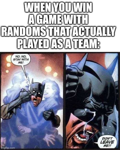 LETS PLAY ANOTHER ROUND! PLEASE!!! :( | WHEN YOU WIN A GAME WITH RANDOMS THAT ACTUALLY PLAYED AS A TEAM: | image tagged in blank white template,batman don't leave me | made w/ Imgflip meme maker