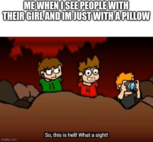 i am never getting a girl (hopefully) | ME WHEN I SEE PEOPLE WITH THEIR GIRL AND IM JUST WITH A PILLOW | image tagged in memes,eddsworld,oh wow are you actually reading these tags,so this is hell | made w/ Imgflip meme maker