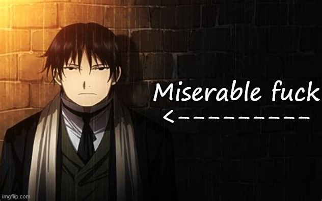 Roy Mustang | Miserable fuck
<--------- | image tagged in roy mustang | made w/ Imgflip meme maker