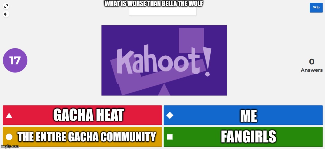 KAHOOT MEME | WHAT IS WORSE THAN BELLA THE WOLF GACHA HEAT THE ENTIRE GACHA COMMUNITY ME FANGIRLS | image tagged in kahoot meme | made w/ Imgflip meme maker
