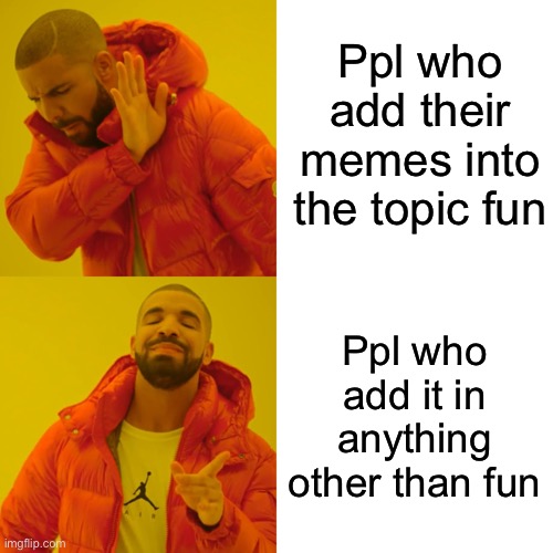 I Totally Didnt Add This In Fun | Ppl who add their memes into the topic fun; Ppl who add it in anything other than fun | image tagged in memes,drake hotline bling | made w/ Imgflip meme maker