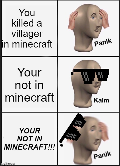 Oh no | You killed a villager in minecraft; Your not in minecraft; YOUR NOT IN MINECRAFT!!! | image tagged in memes,panik kalm panik | made w/ Imgflip meme maker