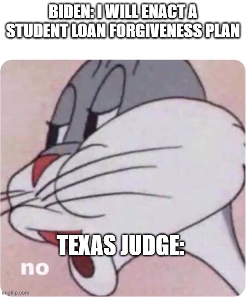 Bugs Bunny No | BIDEN: I WILL ENACT A STUDENT LOAN FORGIVENESS PLAN; TEXAS JUDGE: | image tagged in bugs bunny no | made w/ Imgflip meme maker