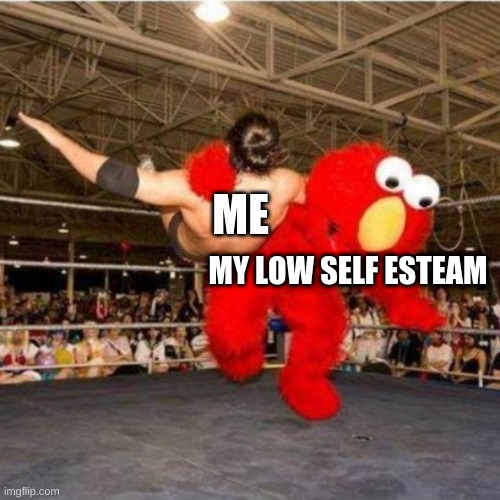 Elmo wrestling | ME; MY LOW SELF ESTEAM | image tagged in elmo wrestling | made w/ Imgflip meme maker