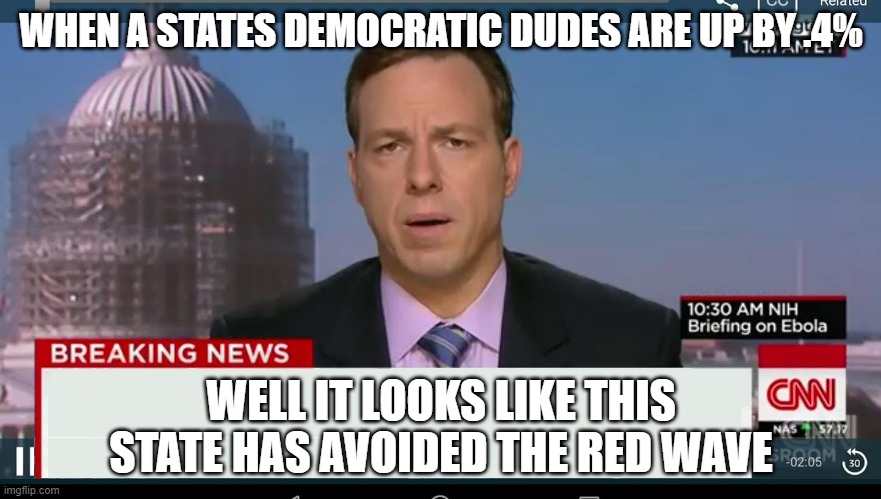 cnn breaking news template | WHEN A STATES DEMOCRATIC DUDES ARE UP BY .4%; WELL IT LOOKS LIKE THIS STATE HAS AVOIDED THE RED WAVE | image tagged in cnn breaking news template | made w/ Imgflip meme maker