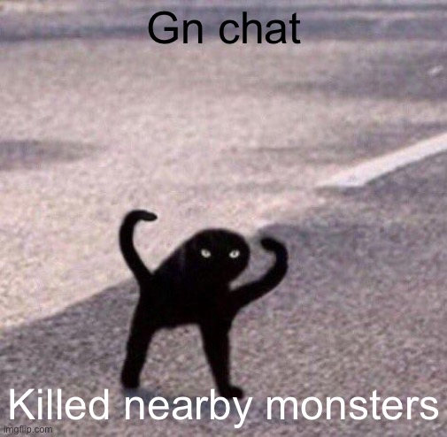 Cursed cat temp | Gn chat; Killed nearby monsters | image tagged in cursed cat temp | made w/ Imgflip meme maker
