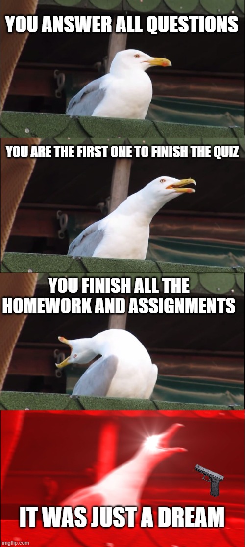 pain... | YOU ANSWER ALL QUESTIONS; YOU ARE THE FIRST ONE TO FINISH THE QUIZ; YOU FINISH ALL THE HOMEWORK AND ASSIGNMENTS; IT WAS JUST A DREAM | image tagged in memes,inhaling seagull | made w/ Imgflip meme maker