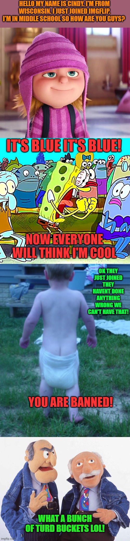 Kind a makes ya proud | HELLO MY NAME IS CINDY. I'M FROM WISCONSIN. I JUST JOINED IMGFLIP. I'M IN MIDDLE SCHOOL SO HOW ARE YOU GUYS? IT'S BLUE IT'S BLUE! NOW EVERYONE WILL THINK I'M COOL; OK THEY JUST JOINED THEY HAVENT DONE ANYTHING WRONG WE CAN'T HAVE THAT! YOU ARE BANNED! WHAT A BUNCH OF TURD BUCKETS LOL! | image tagged in dip shits,brainless wonders,sad,embarassing | made w/ Imgflip meme maker