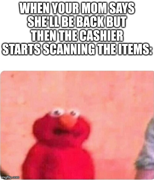 Slow down, SLOW IT DOWN. | WHEN YOUR MOM SAYS SHE'LL BE BACK BUT THEN THE CASHIER STARTS SCANNING THE ITEMS: | image tagged in blank white template,sickened elmo | made w/ Imgflip meme maker